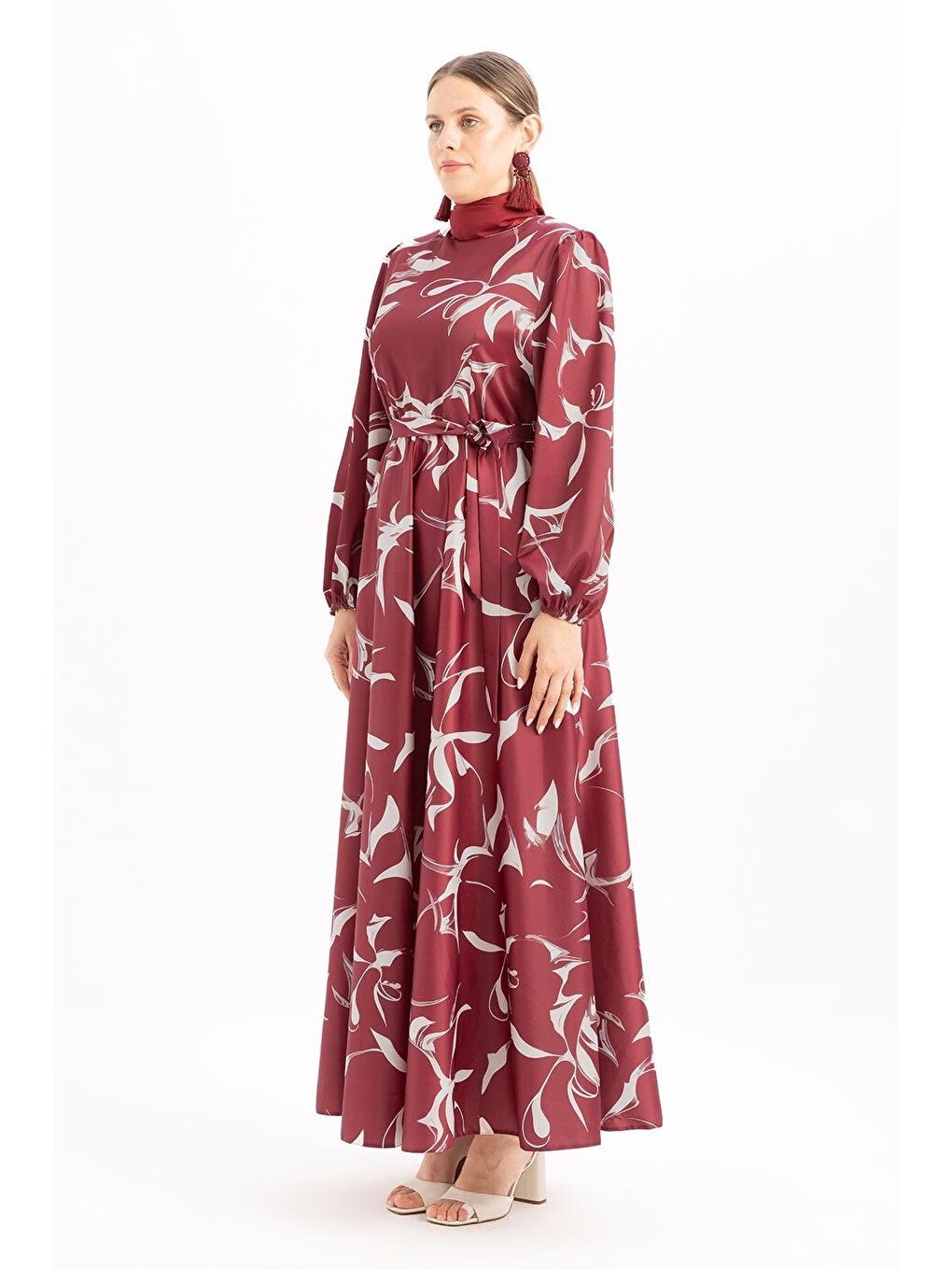 Bordo-Taş-Desenli Kuşaklı Elbise-3