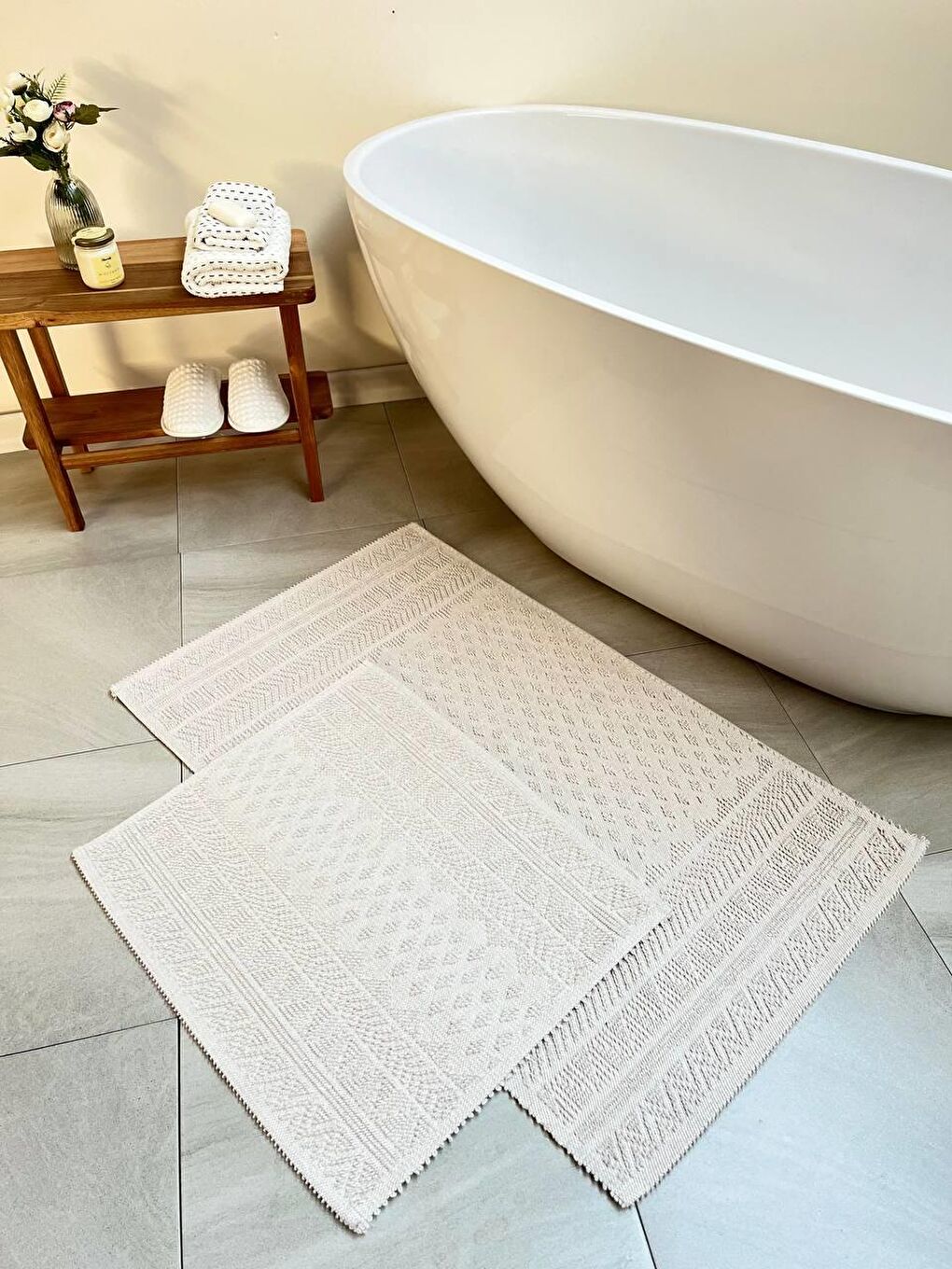 Bej Tapis Doğal Pamuklu 2'li Banyo Paspas Seti 60x100 50x60 - TAŞ