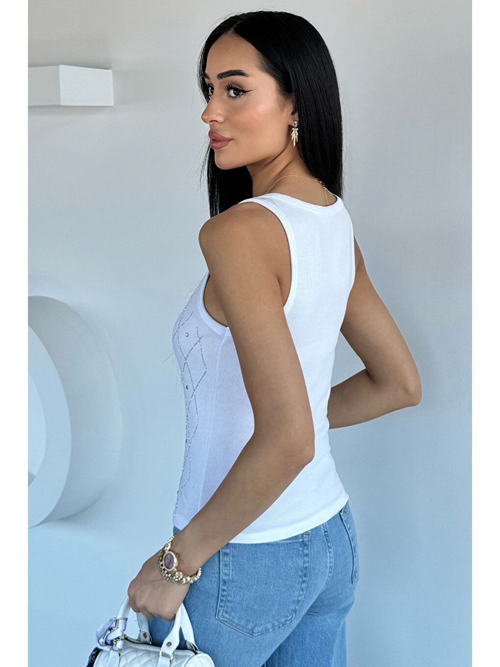 Beyaz Ön Taşlı Kaşkorse Bluz-3