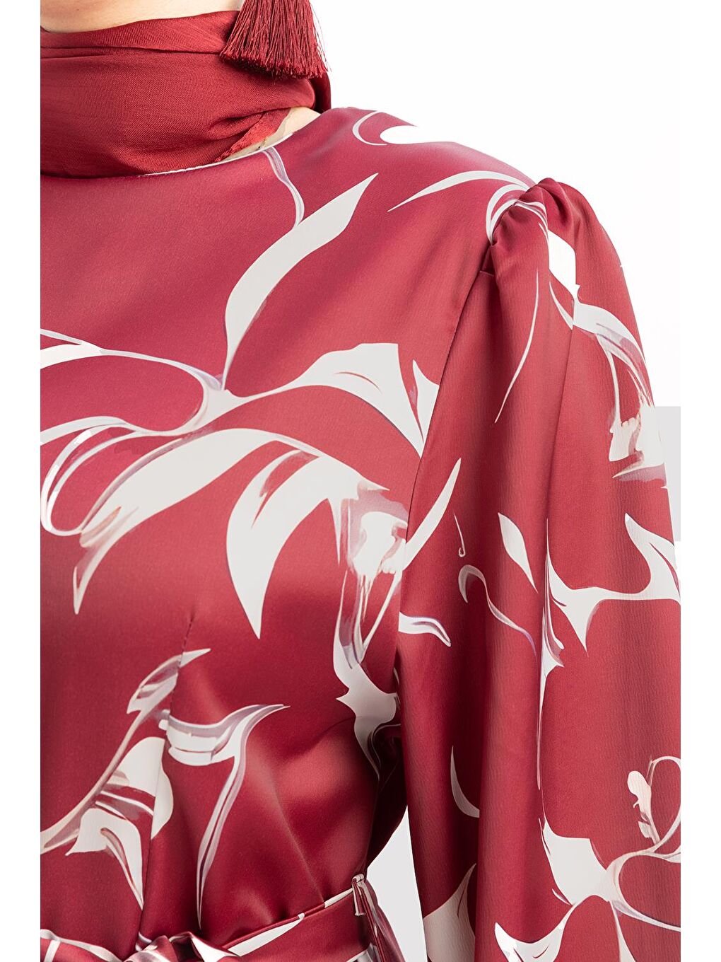 Bordo-Taş-Desenli Kuşaklı Elbise-4