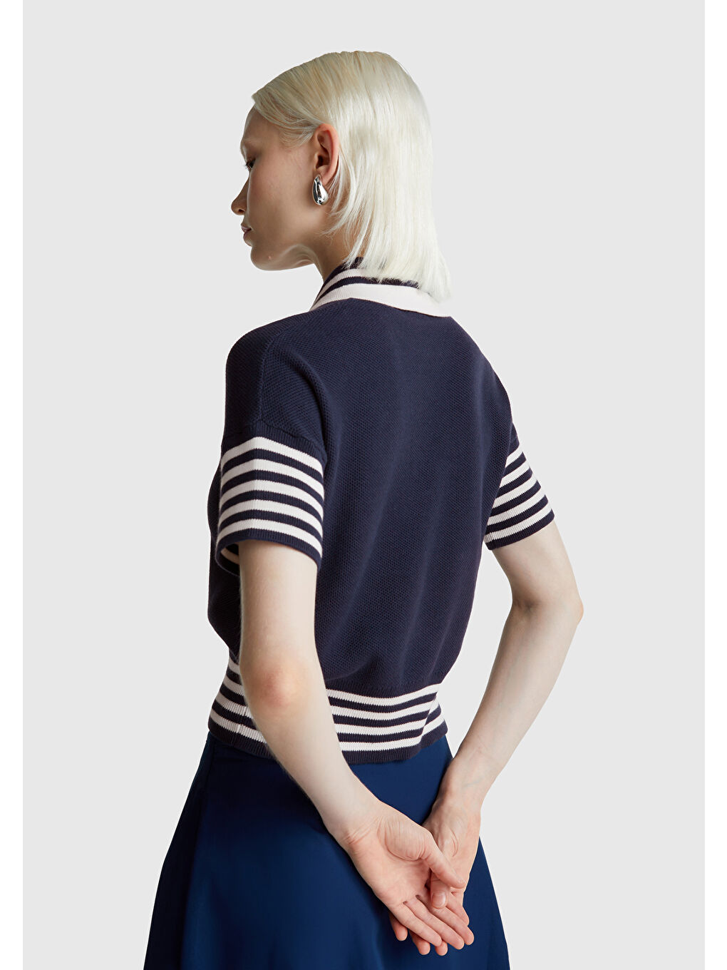 Kadın Lacivert %100 Pamuk Polo Yaka Kısa Kollu Kazak-3