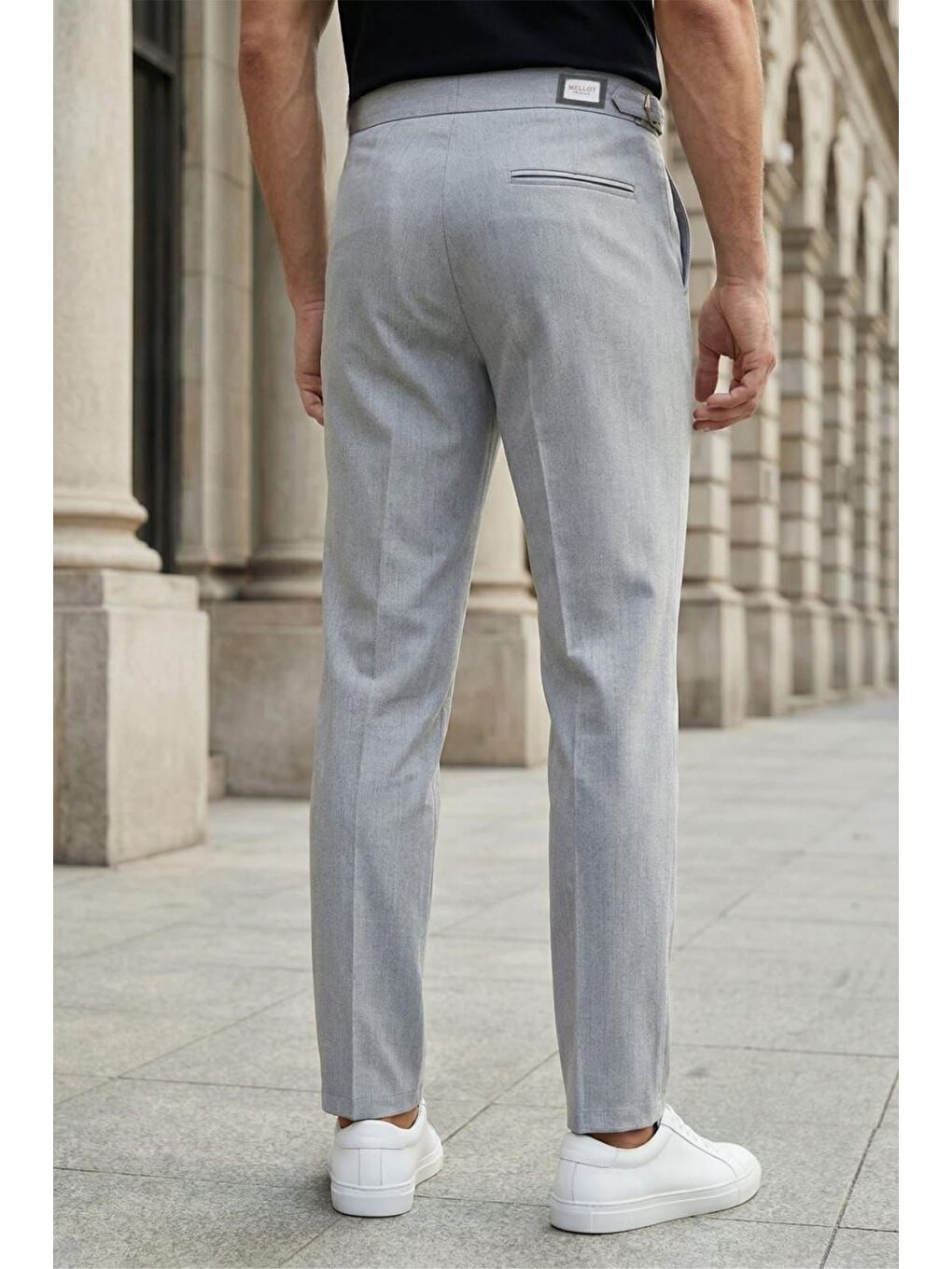 Gri Gurkha Stil Yan Ayarlı Metal Tokalı Slim Fit Erkek Kumaş Pantolon Özel Kesim Kruvaze Bel-2