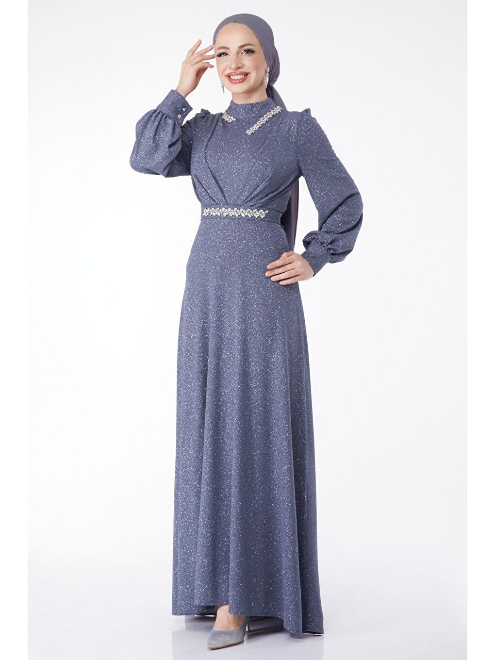 Hakim Yaka Kadın Gri Simli Yaka Taş Detaylı Abiye Elbise - 24594-1