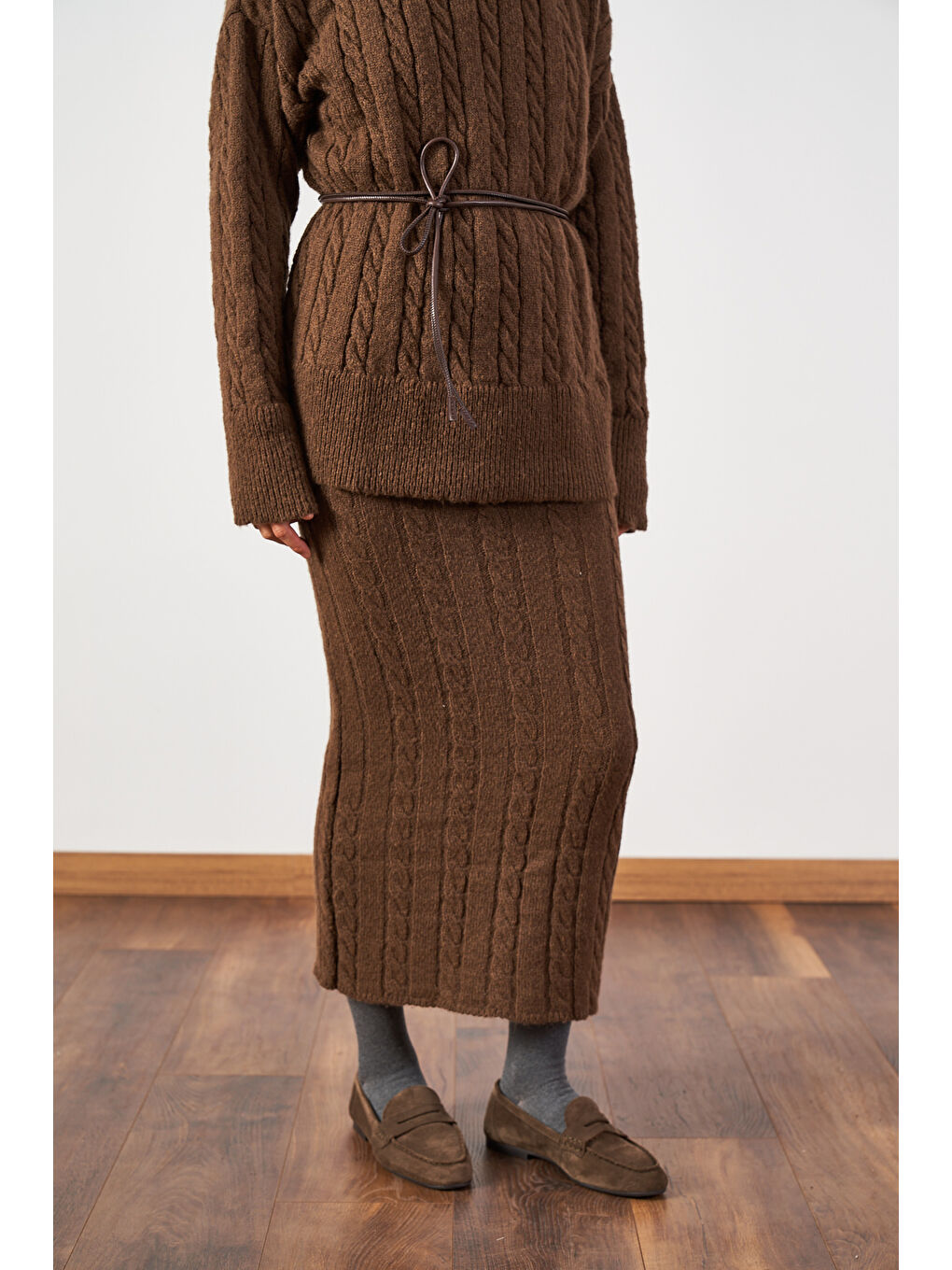 Kahverengi Saç Örgü Oversize Kazak Uzun Etek Triko Takımı Kahve-7