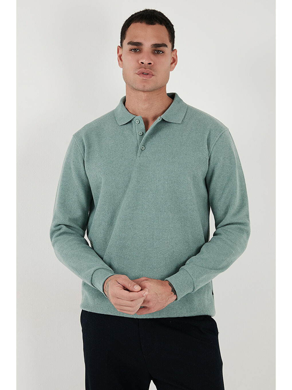 Yeşil Pamuk Karışımlı Regular Fit Polo Yaka Erkek Kazak 456223-2