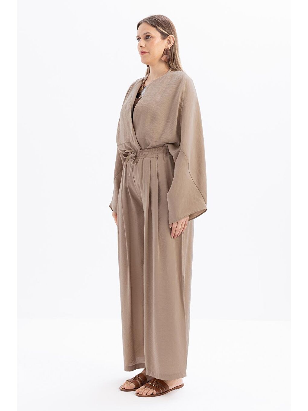 Sarı Vizon-Beli Lastikli Palazzo Modal Pantolon-1