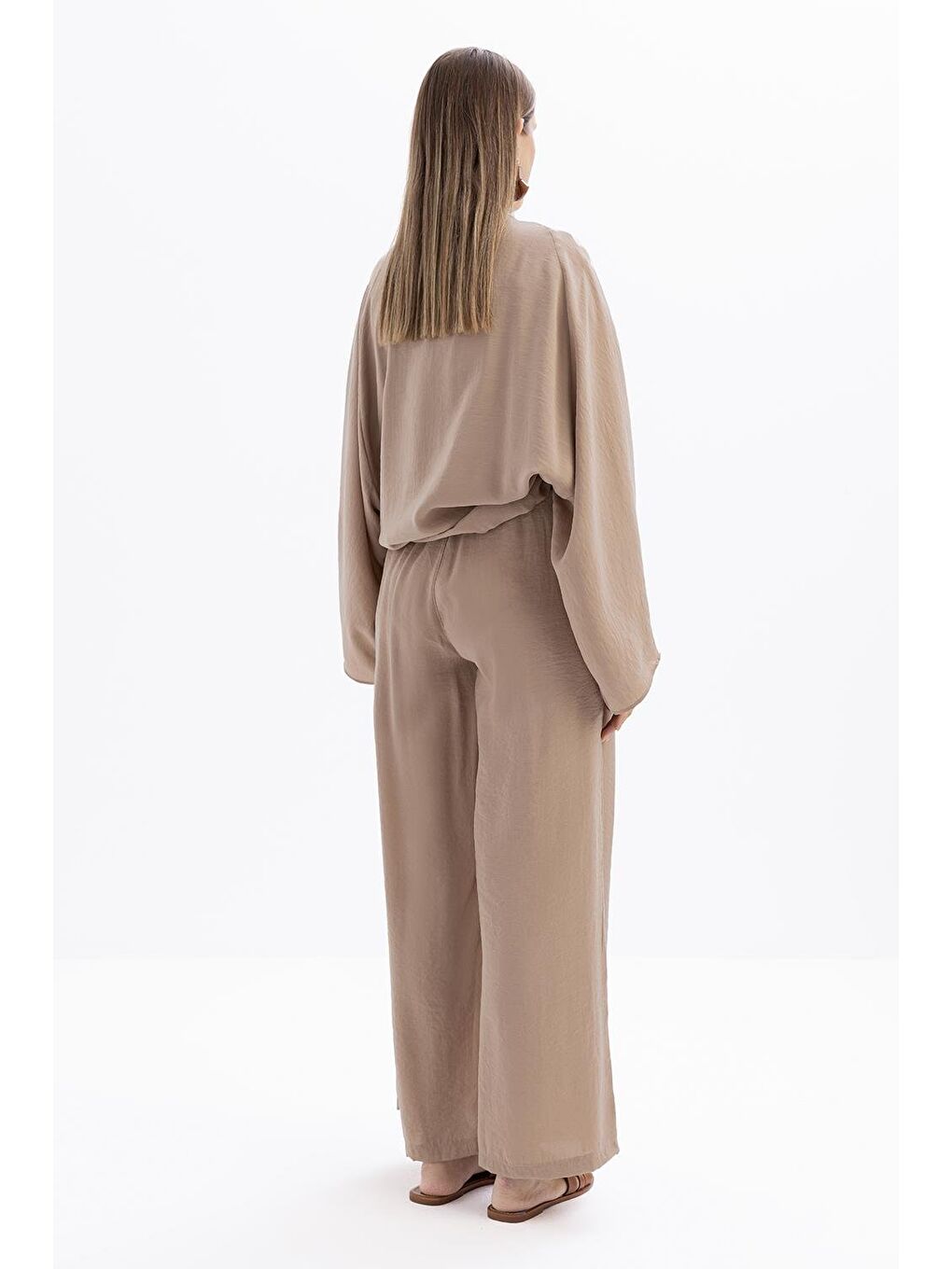 Sarı Vizon-Beli Lastikli Palazzo Modal Pantolon-2