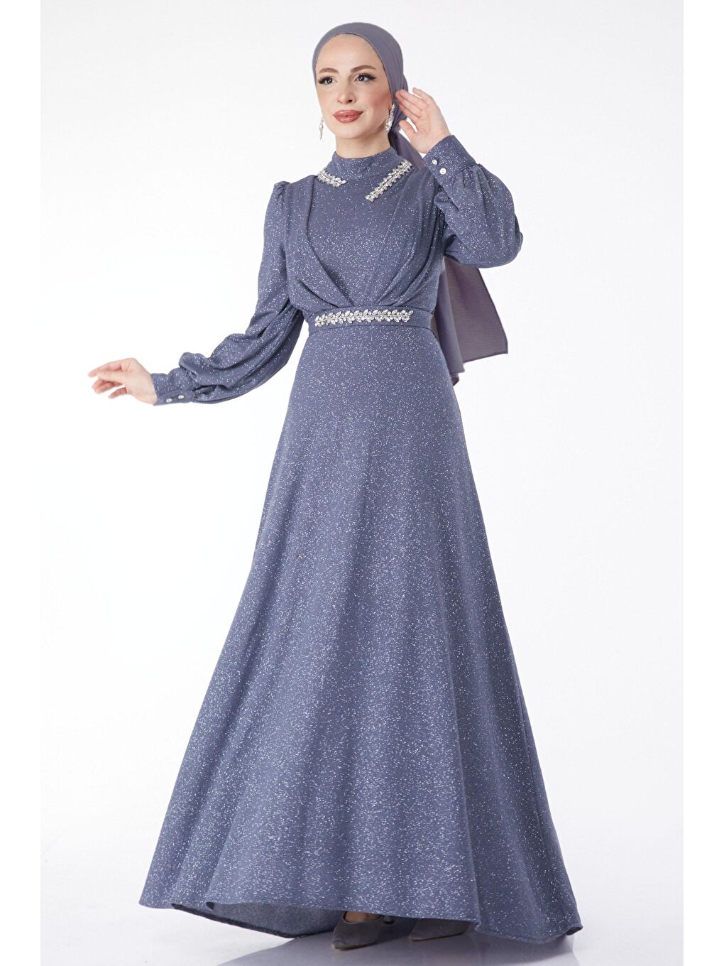 Hakim Yaka Kadın Gri Simli Yaka Taş Detaylı Abiye Elbise - 24594-2