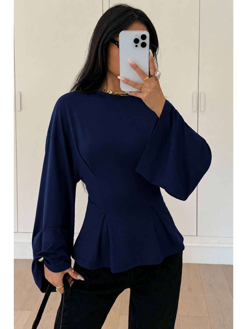 Lacivert Kadın Pilet Bel Oturtmalı Peplum Detaylı Uzun Kollu Bluz-1