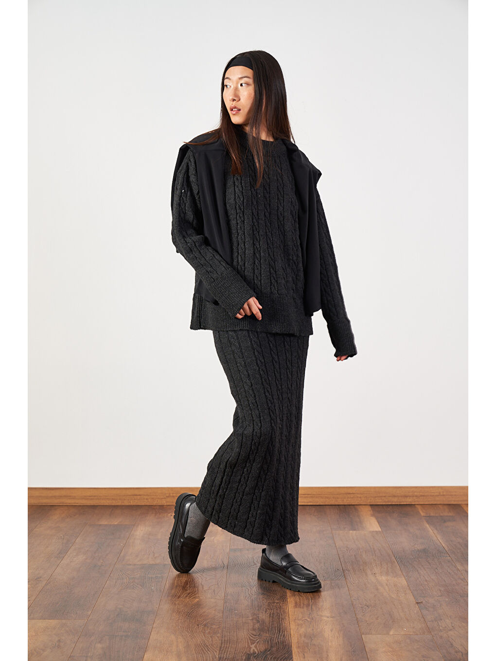 Saç Örgü Oversize Kazak Uzun Etek Triko Takımı Antrasit-1