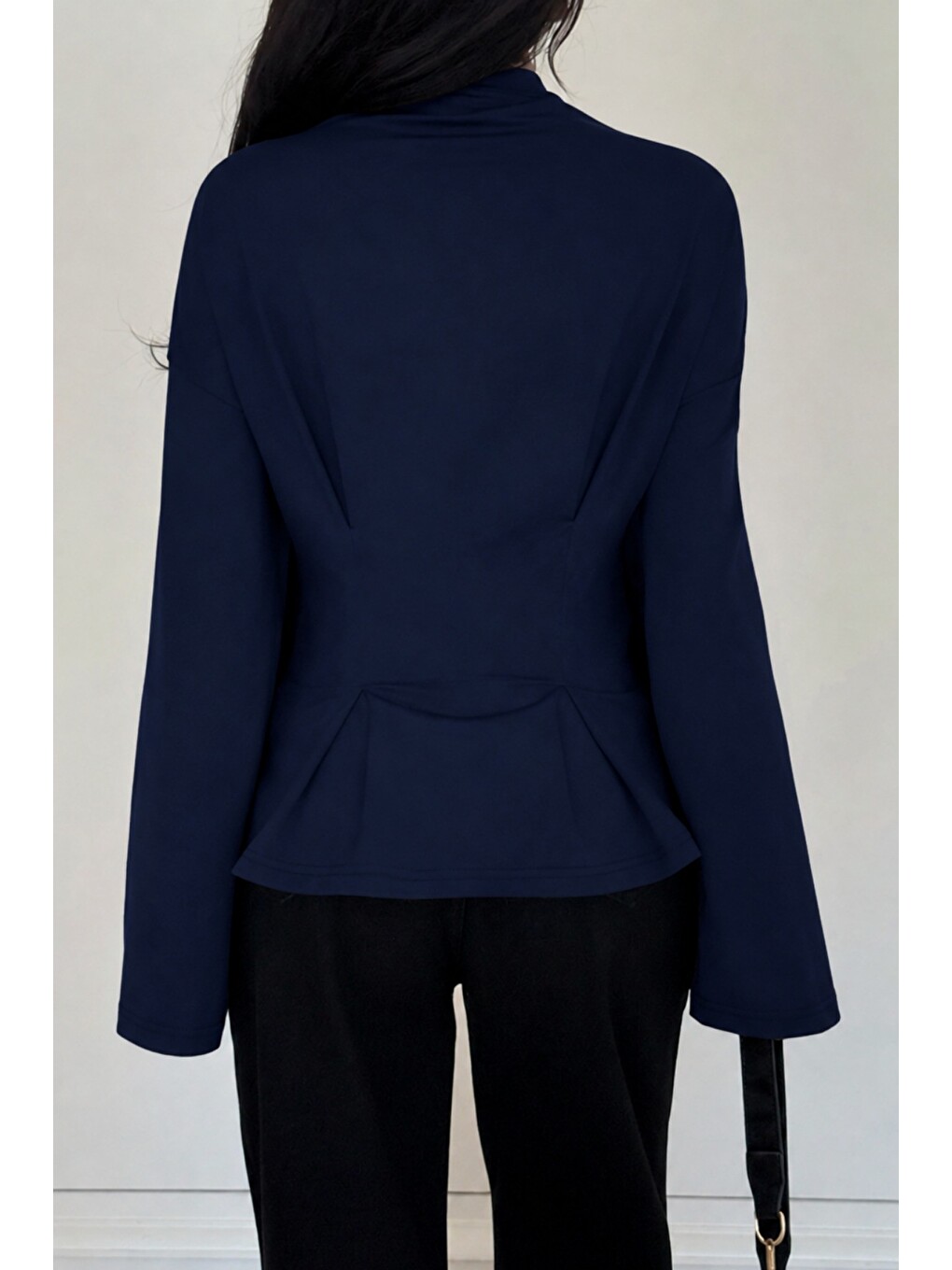 Lacivert Kadın Pilet Bel Oturtmalı Peplum Detaylı Uzun Kollu Bluz-2
