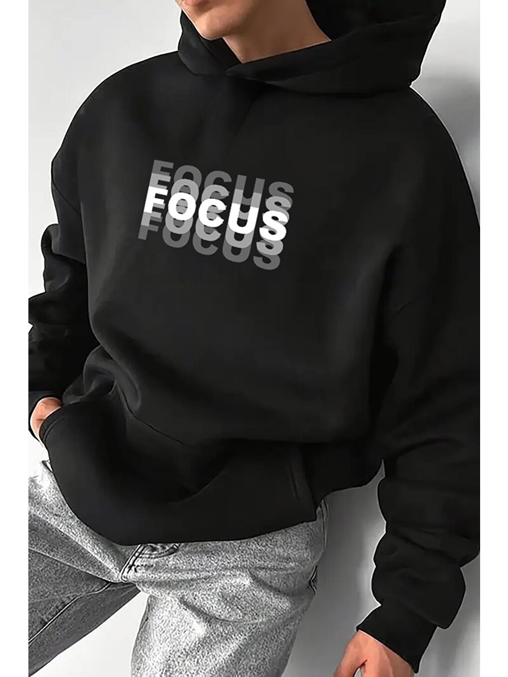Siyah Focus Ön Baskılı İçi Pamuklu Unisex Erkek Sweatshirt