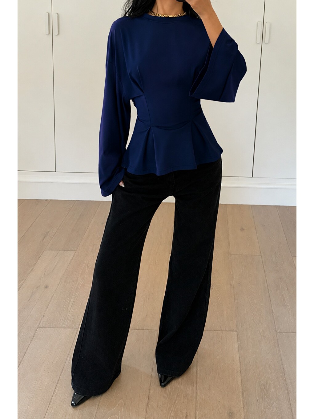 Lacivert Kadın Pilet Bel Oturtmalı Peplum Detaylı Uzun Kollu Bluz-3
