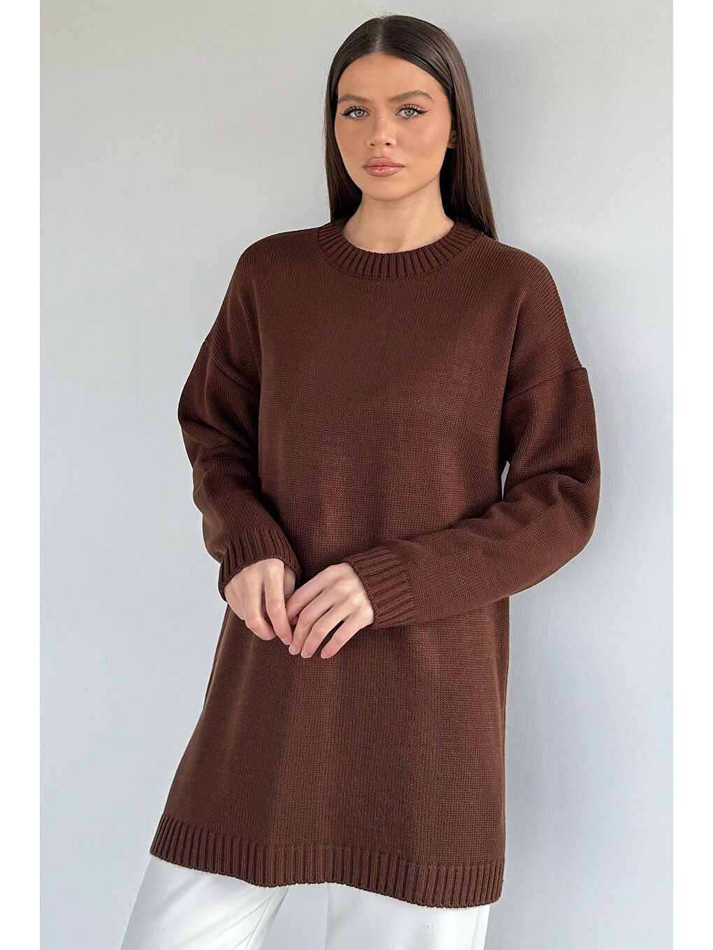 Kahverengi Kadın Bisiklet Yaka Yırtmaçlı Triko Tunik-2