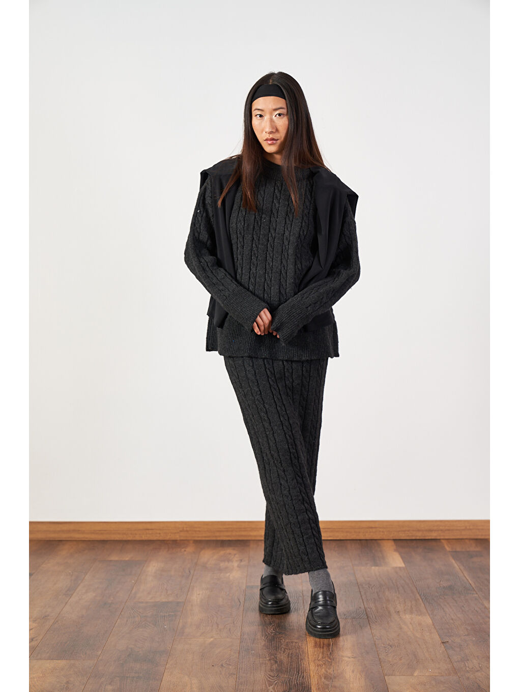 Saç Örgü Oversize Kazak Uzun Etek Triko Takımı Antrasit-2