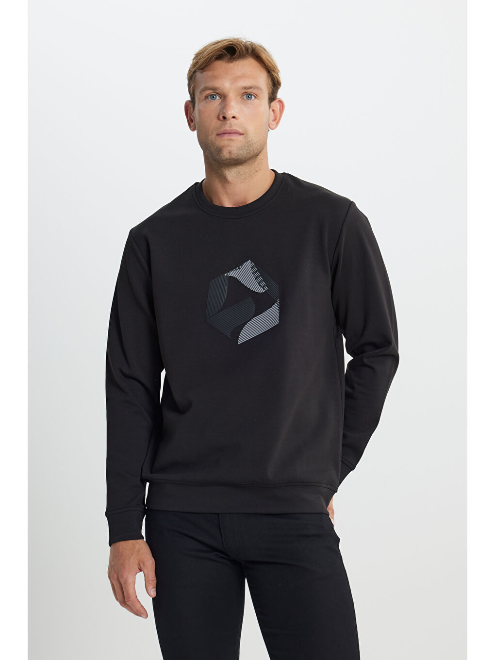 Erkek Siyah Pamuklu Standart Fit Normal Kesim Bisiklet Yaka Baskılı Sweatshirt