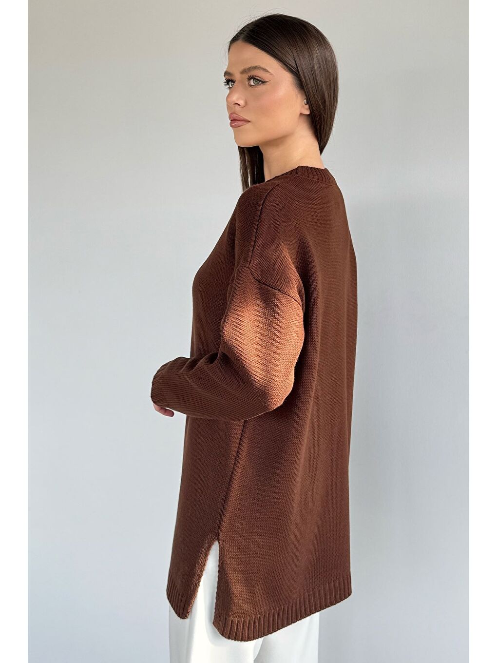 Kahverengi Kadın Bisiklet Yaka Yırtmaçlı Triko Tunik-3