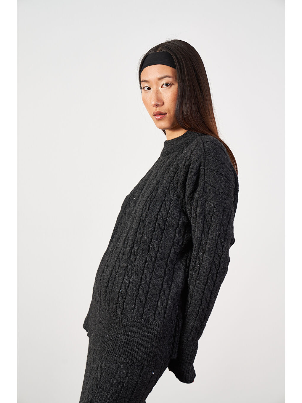 Saç Örgü Oversize Kazak Uzun Etek Triko Takımı Antrasit-3