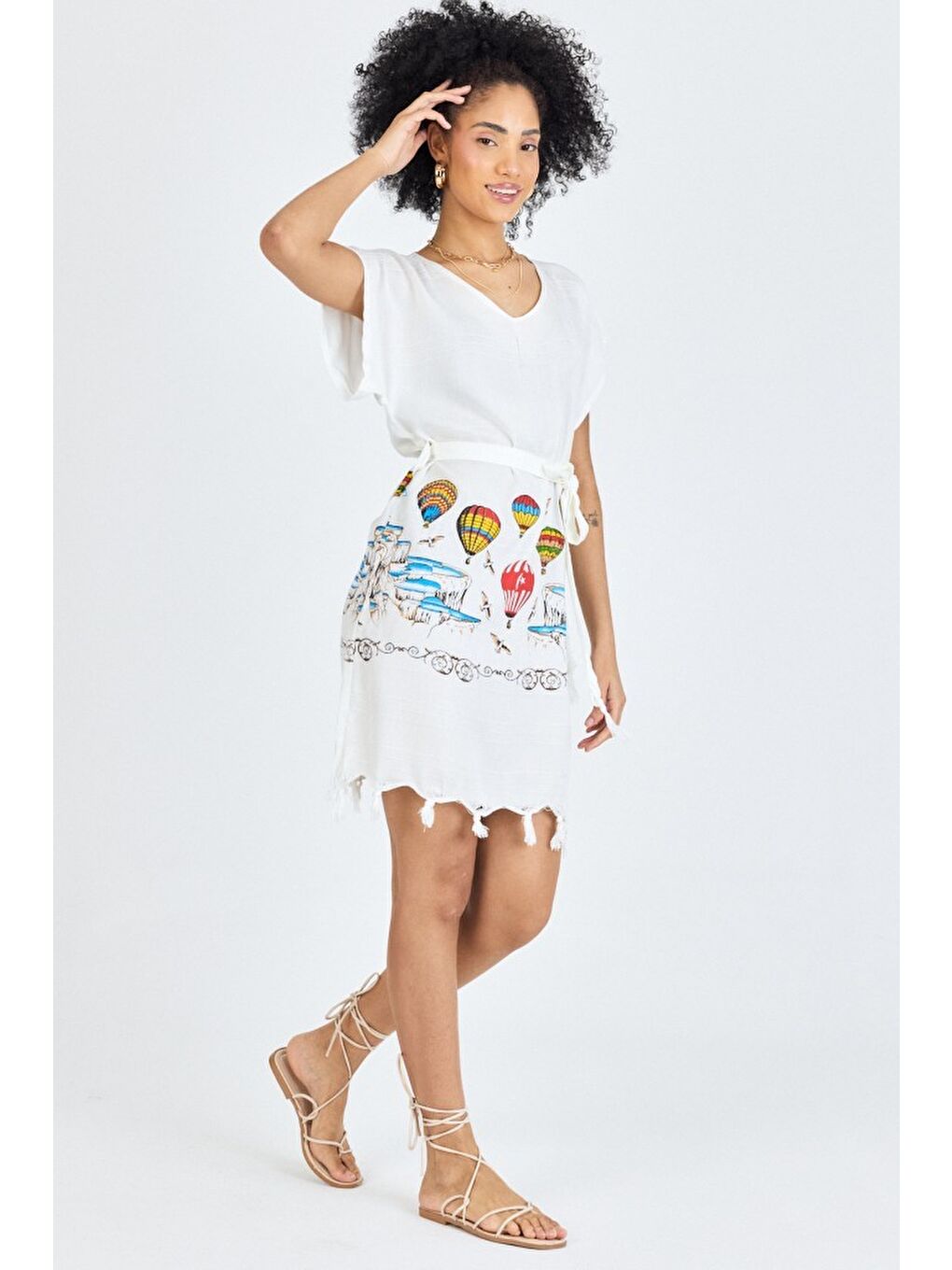 Beyaz Samira Baskılı Bambu Plaj Elbisesi Pareo Havlu-2