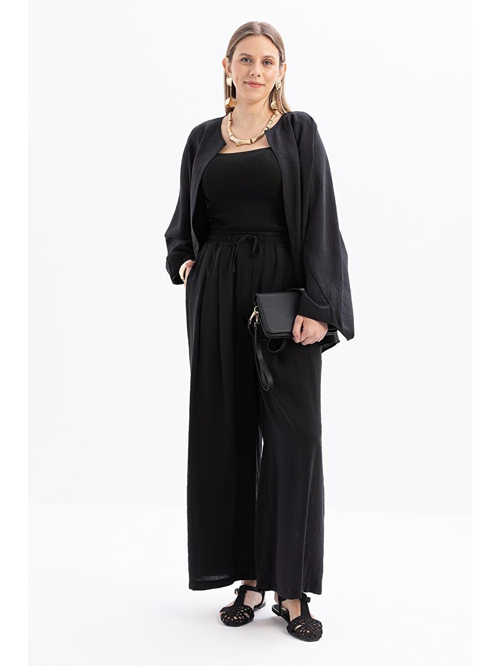 Siyah-beli Lastikli Palazzo Modal Pantolon