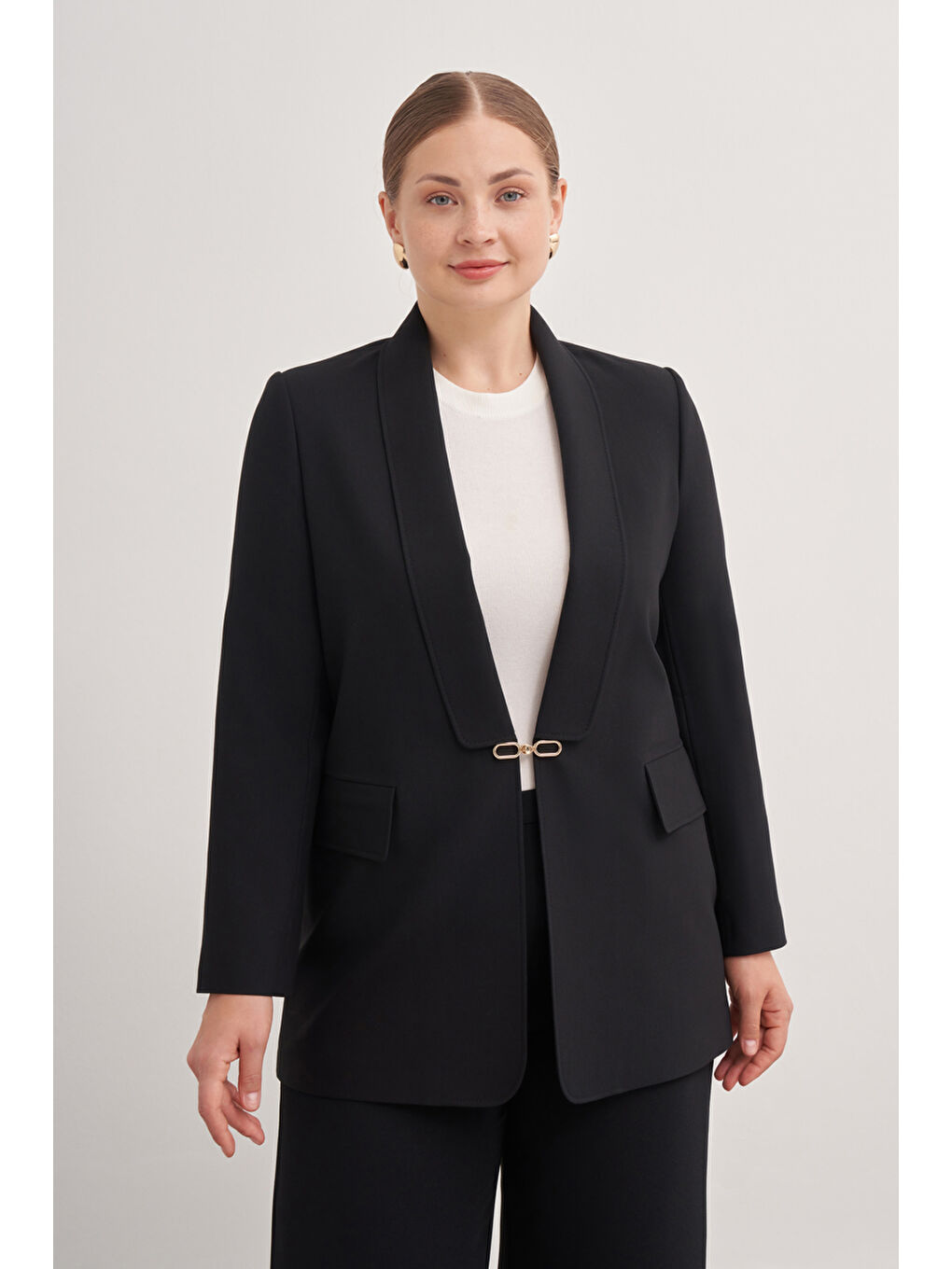 Siyah Şal Yaka Toka Detaylı Ceket-2