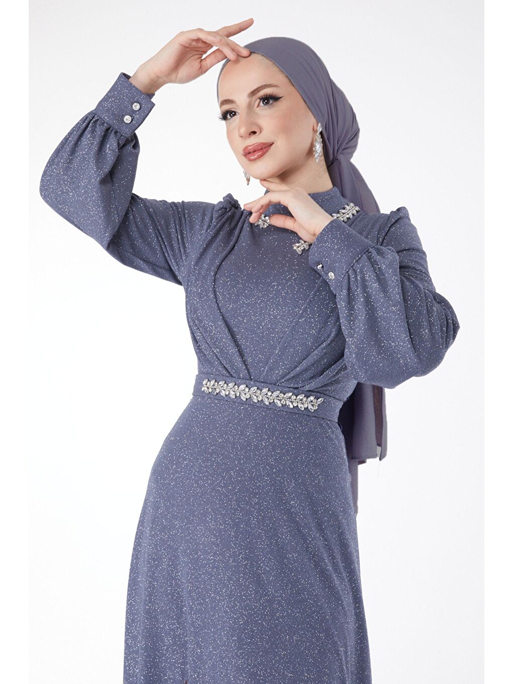 Hakim Yaka Kadın Gri Simli Yaka Taş Detaylı Abiye Elbise - 24594-3