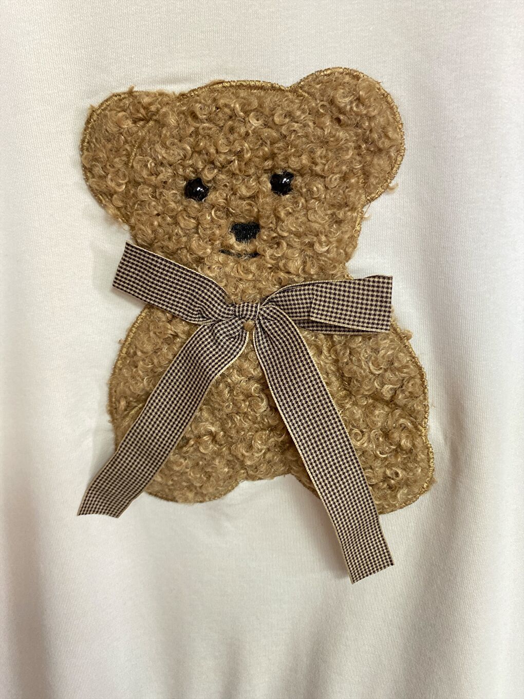 Ekru Kadın Pamuklu Kalın Kışlık Fiyonklu Kabartma Ayıcık Desenli Yüksek Kalite Ribana Kol Sweatshirt-2