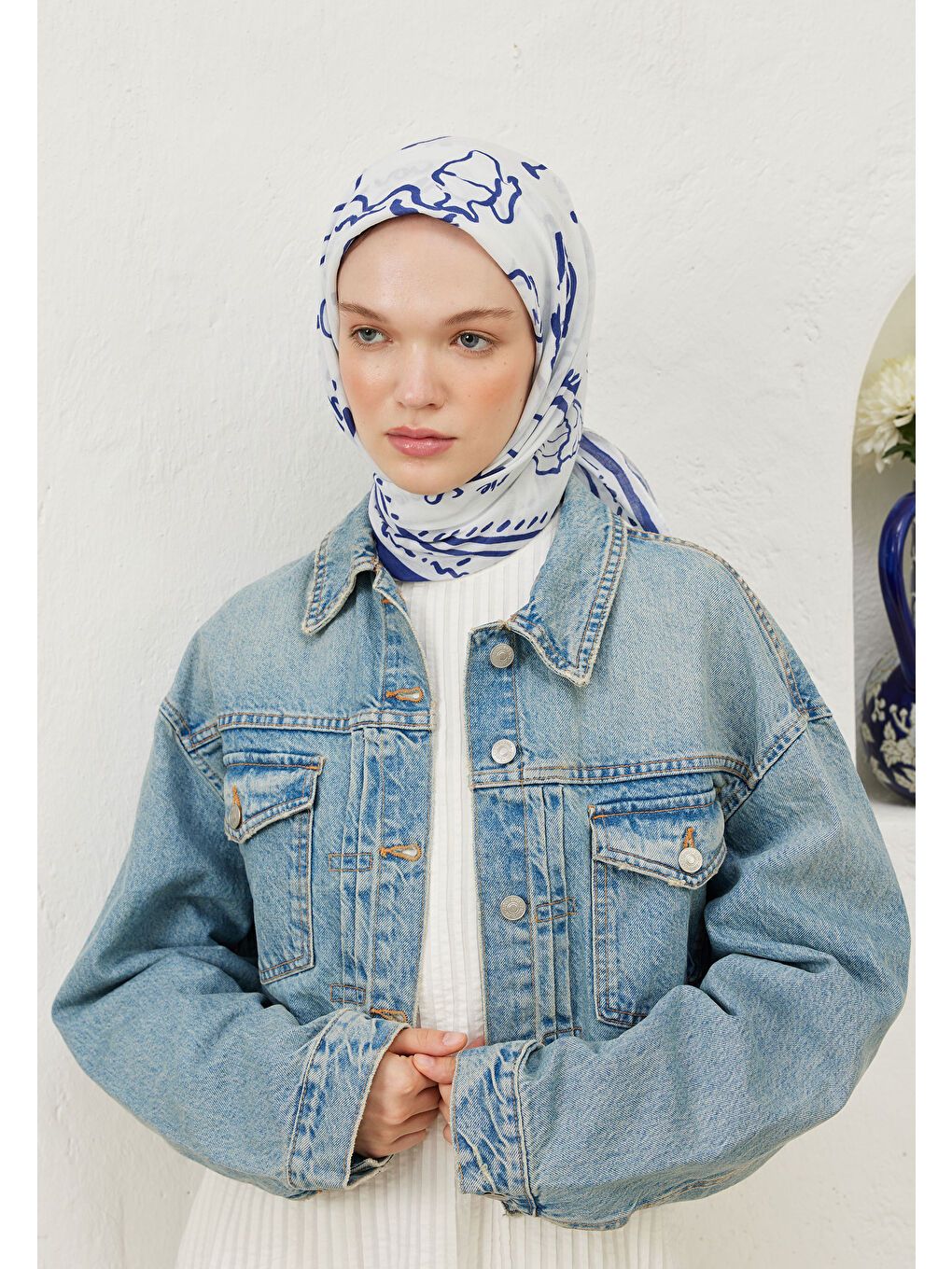 Summer Vibes Desen Pamuk Vual Eşarp Mavi-1