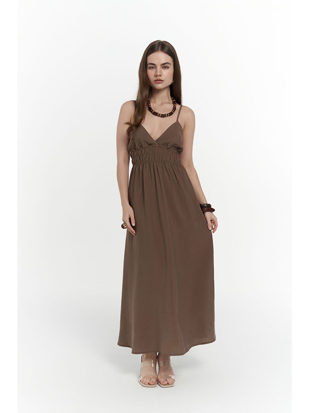 Kahverengi Alessia Büzgü Detay Askılı Uzun Kahve Elbise-1