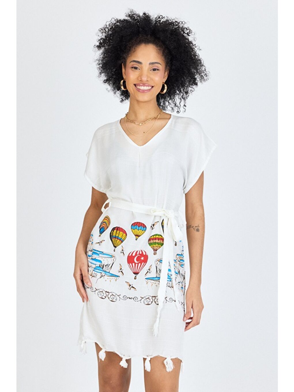 Beyaz Samira Baskılı Bambu Plaj Elbisesi Pareo Havlu-3