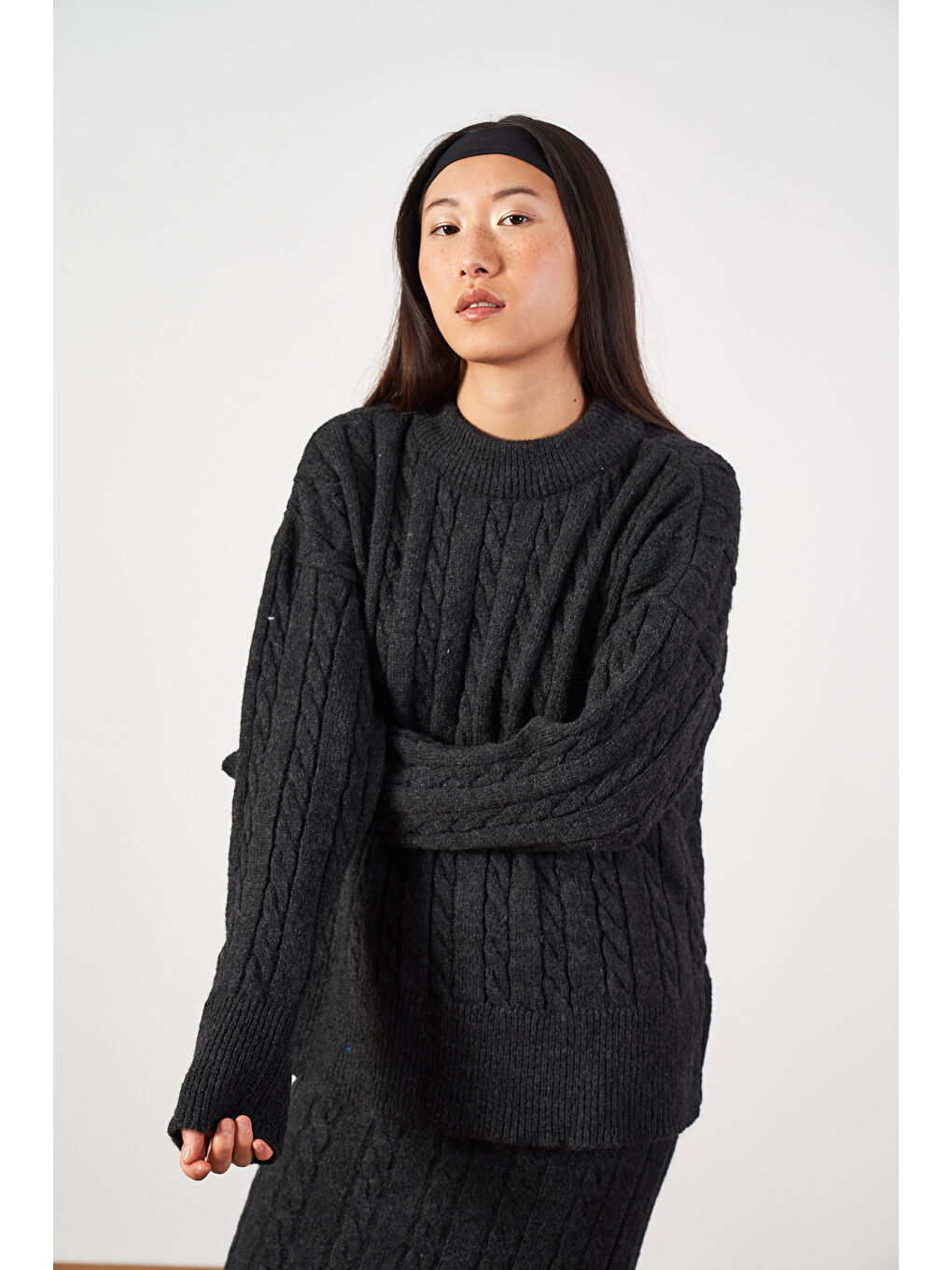 Saç Örgü Oversize Kazak Uzun Etek Triko Takımı Antrasit-4