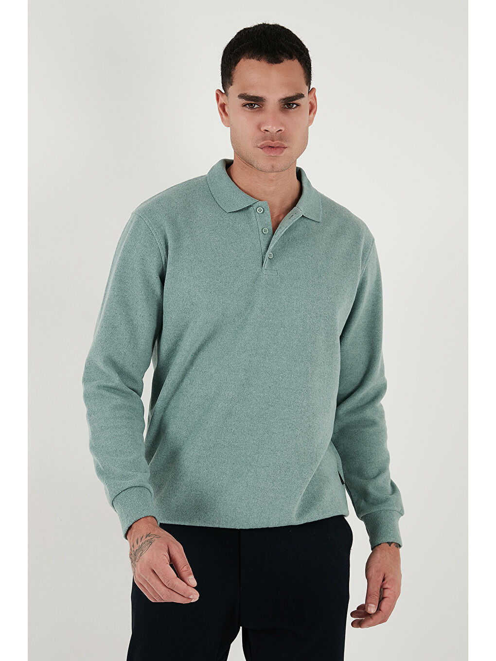 Yeşil Pamuk Karışımlı Regular Fit Polo Yaka Erkek Kazak 456223-3