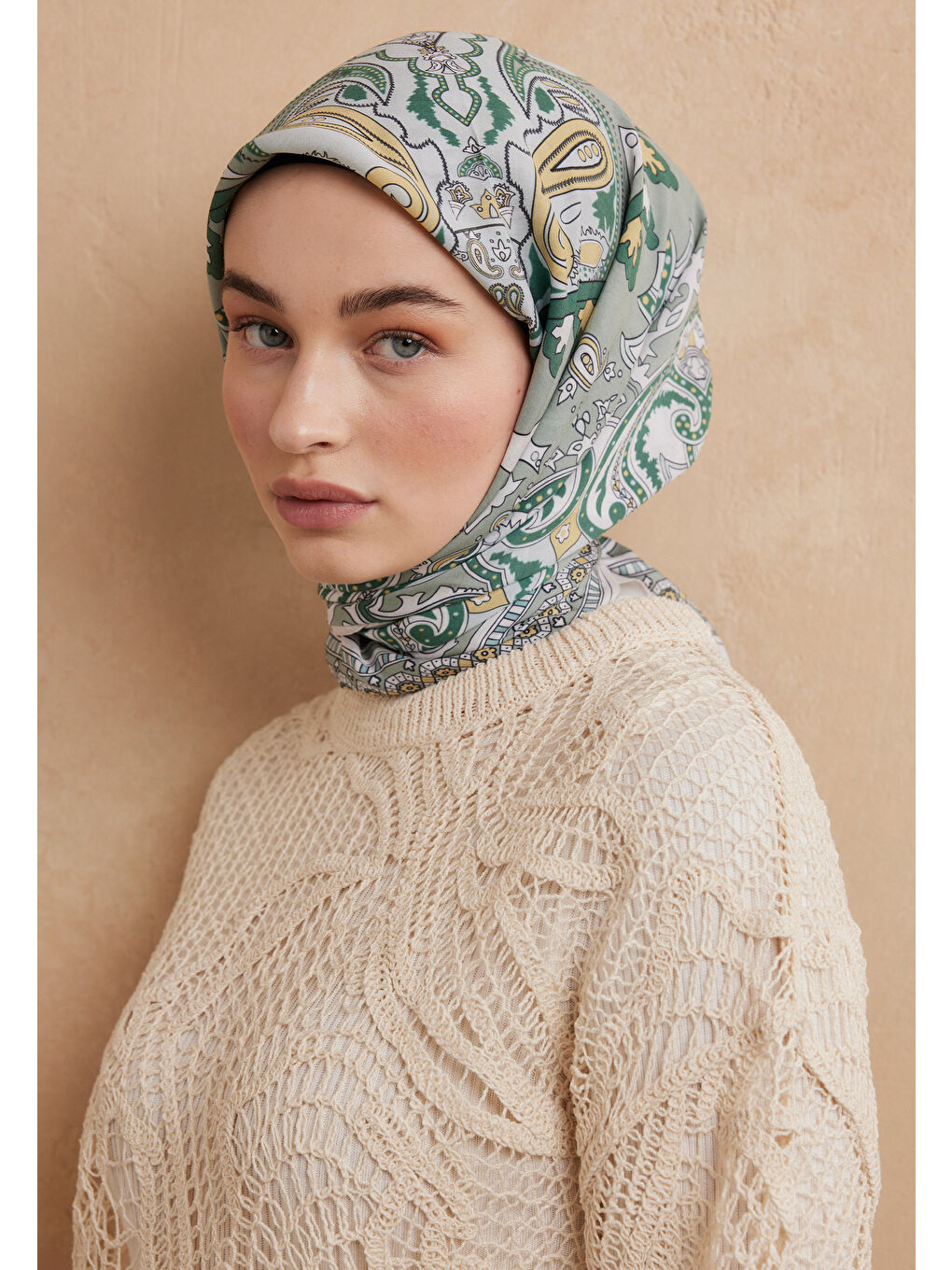 Yeşil Lena Desen Pamuk İpek Eşarp Çağla-1