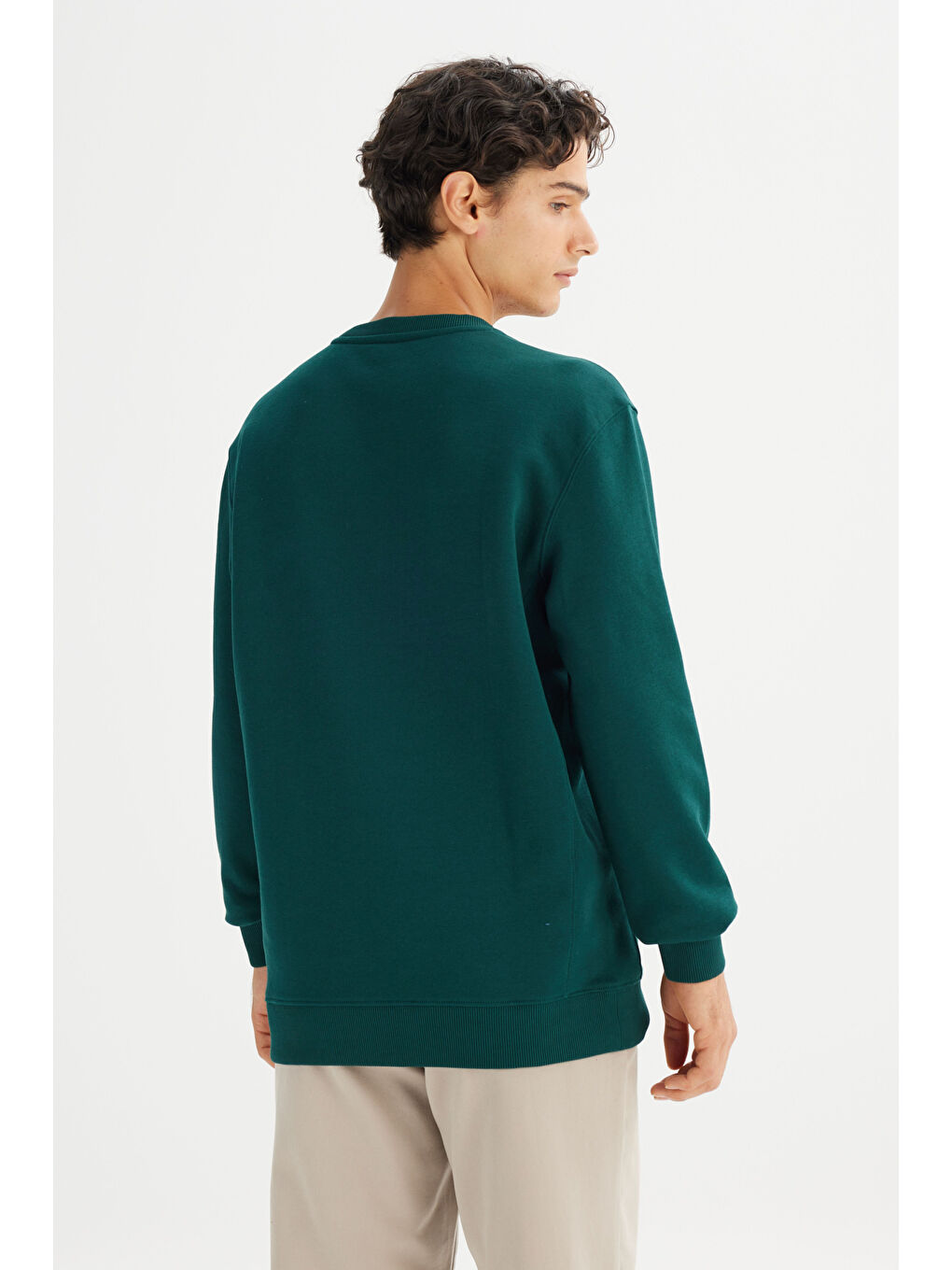 %100 Pamuk Regular Fit Bisiklet Yaka Koyu Yeşil Sweatshirt-4