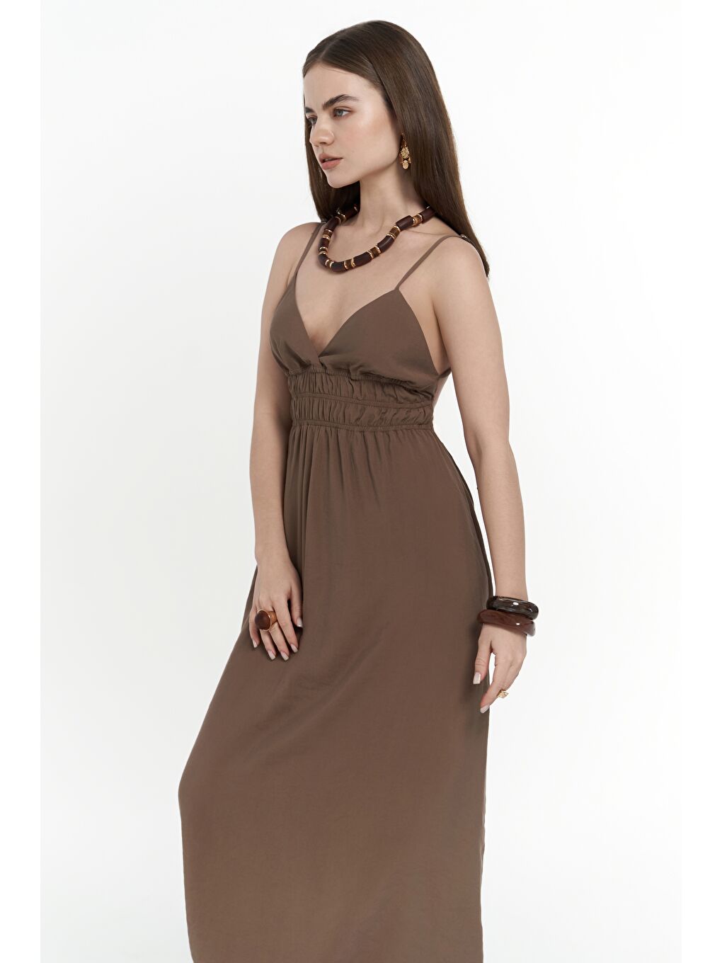 Kahverengi Alessia Büzgü Detay Askılı Uzun Kahve Elbise-2