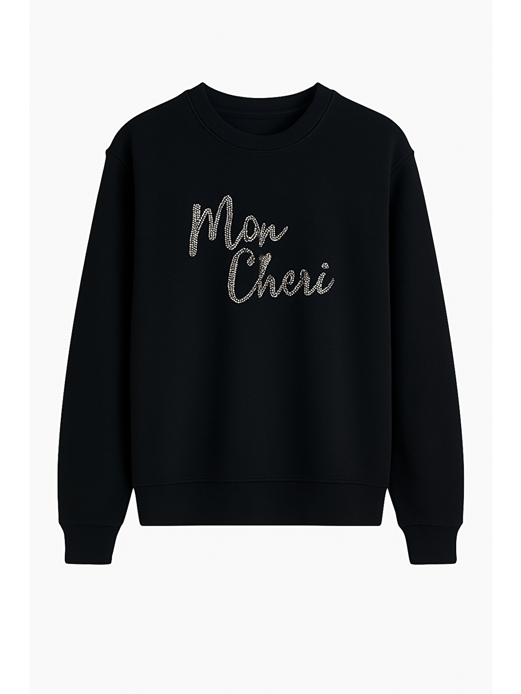 Siyah Kadın Pamuklu Kalın Kışlık Boncuk İşlemeli Yüksek Kalite Ribana Kol Sweatshirt