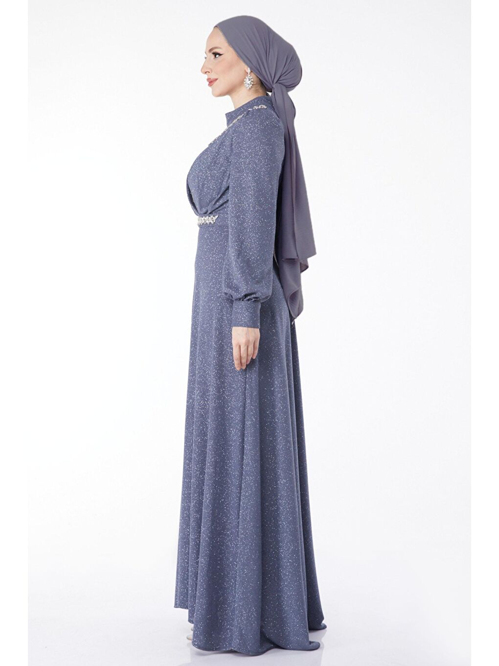 Hakim Yaka Kadın Gri Simli Yaka Taş Detaylı Abiye Elbise - 24594-4
