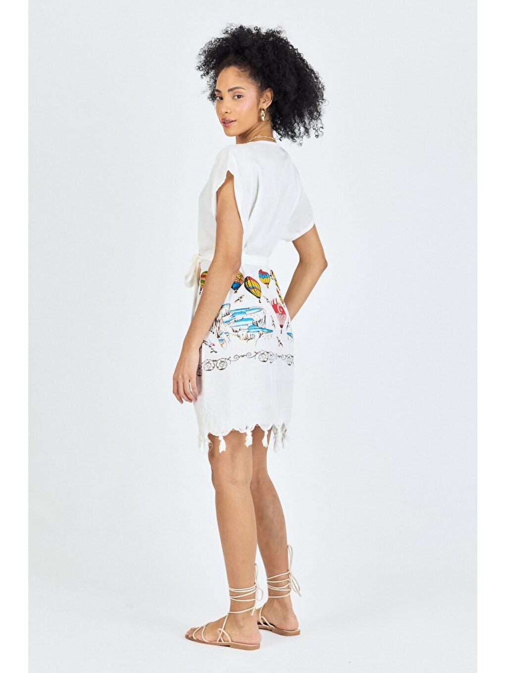 Beyaz Samira Baskılı Bambu Plaj Elbisesi Pareo Havlu-4