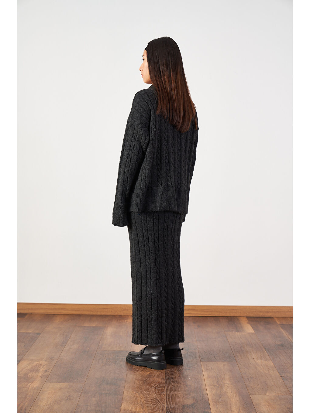 Saç Örgü Oversize Kazak Uzun Etek Triko Takımı Antrasit-6