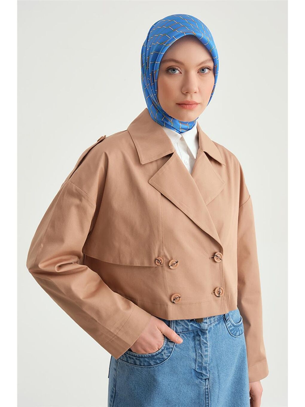 Kahverengi Kısa Trenchcoat Pamuk Ceket 24Y5401 Camel-2