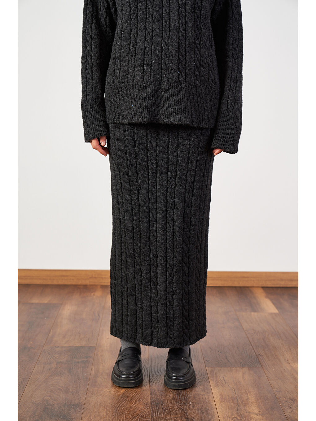 Saç Örgü Oversize Kazak Uzun Etek Triko Takımı Antrasit-7