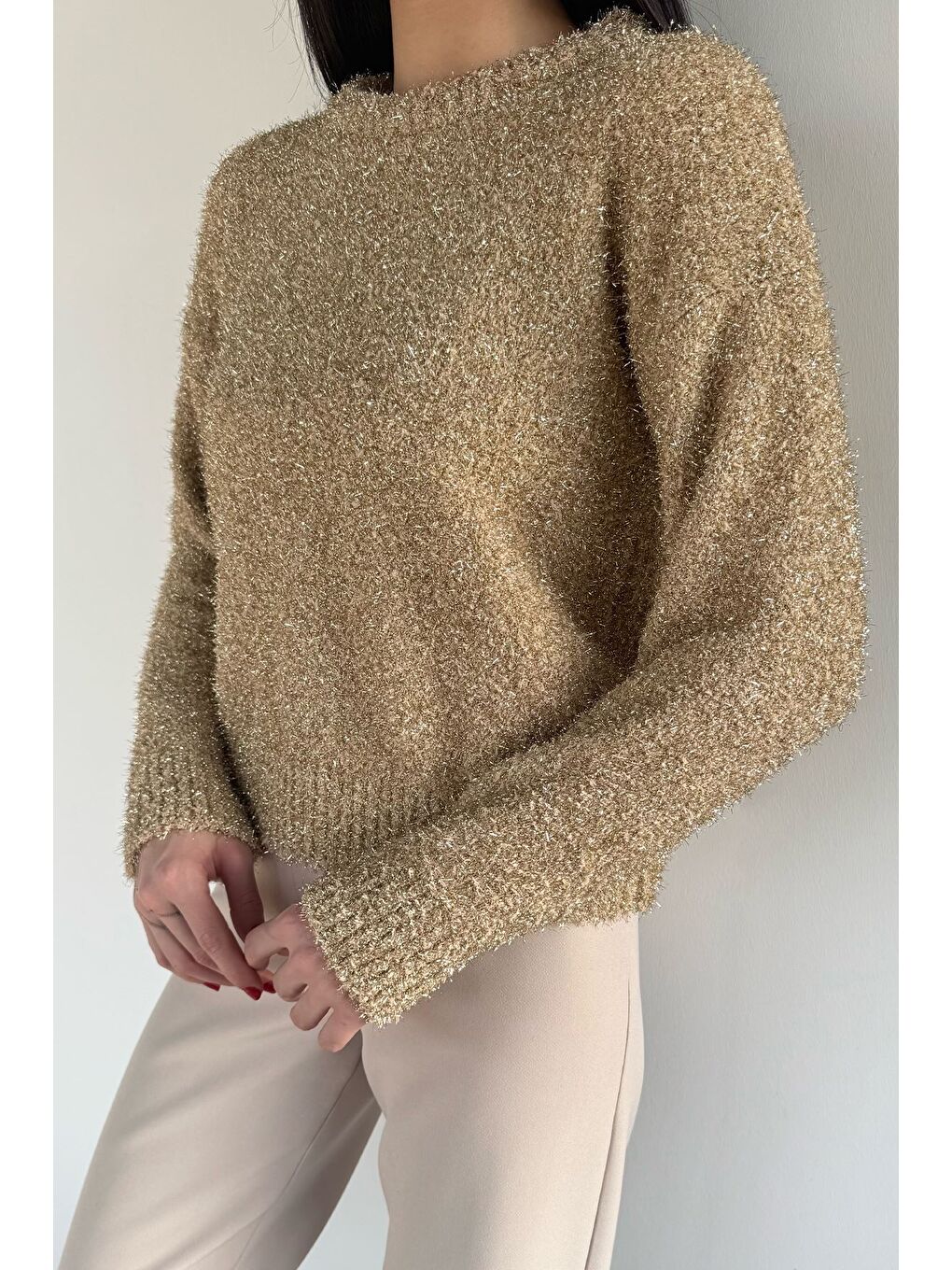 Bej Kadın Simli Triko Kazak-2