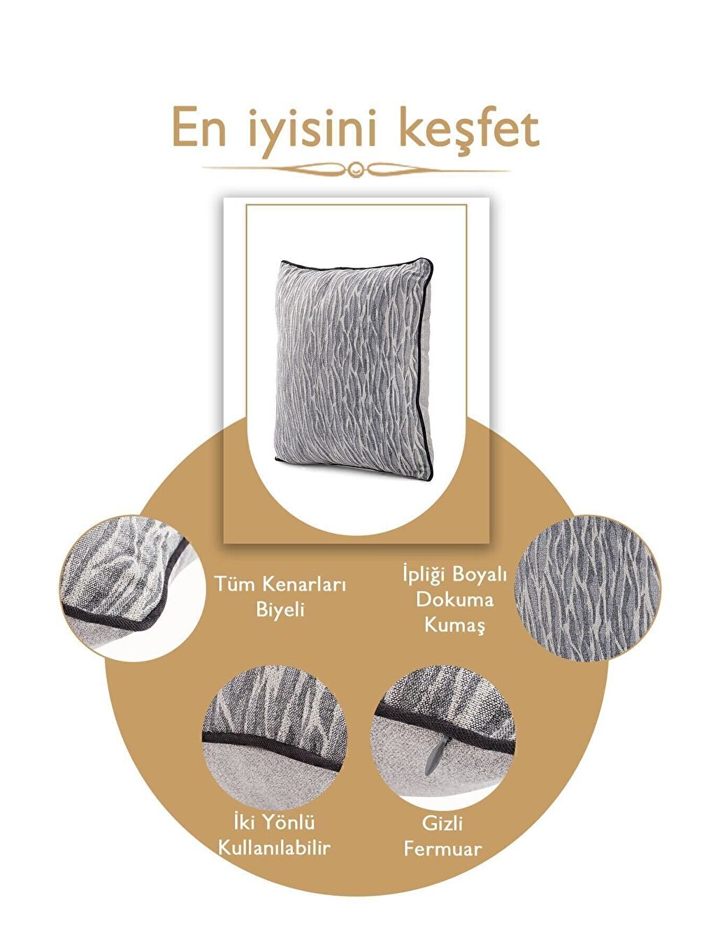 ASDIVA Gri Özel Tasarım 43x43 Dokuma Kırlent Kılıfı Biyeli Gizli Fermuarlı Dekoratif Salon - 3
