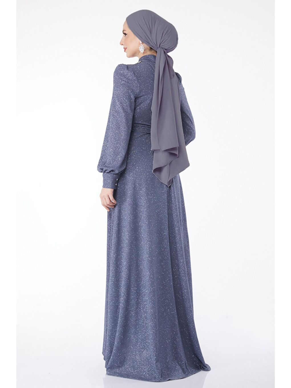 Hakim Yaka Kadın Gri Simli Yaka Taş Detaylı Abiye Elbise - 24594-5