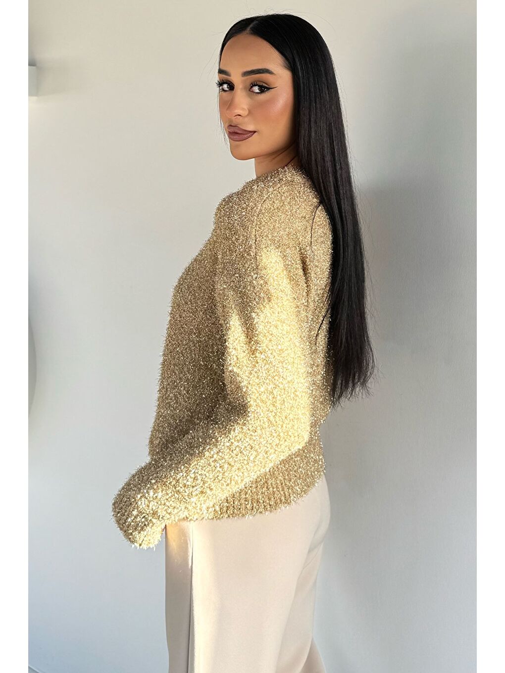 Bej Kadın Simli Triko Kazak-3