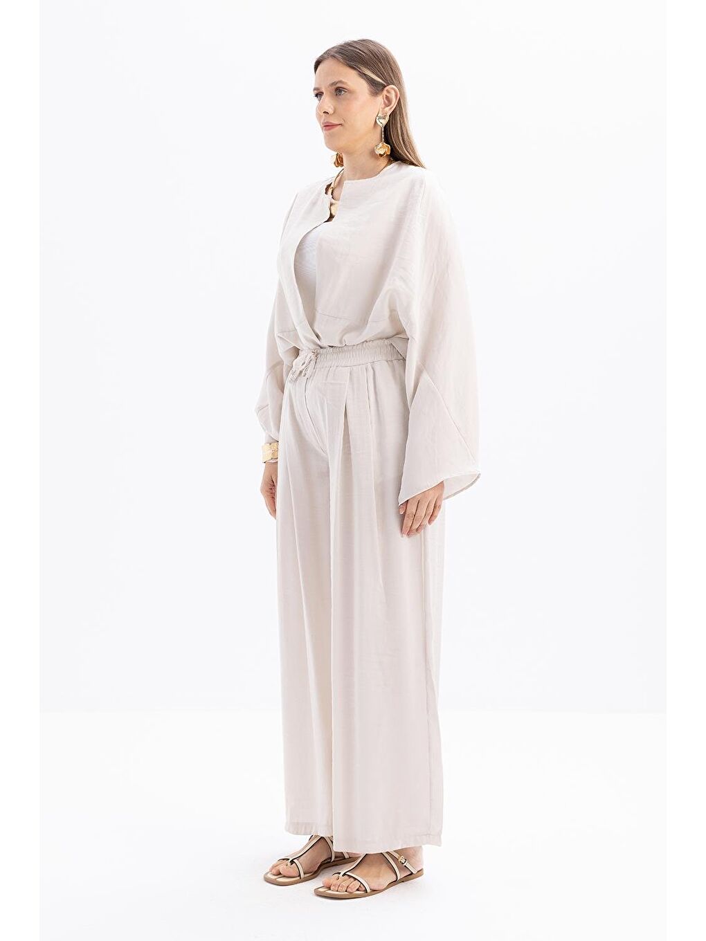 Gri Taş-Beli Lastikli Palazzo Modal Pantolon-1