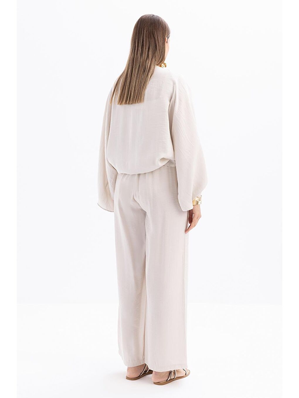 Gri Taş-Beli Lastikli Palazzo Modal Pantolon-2