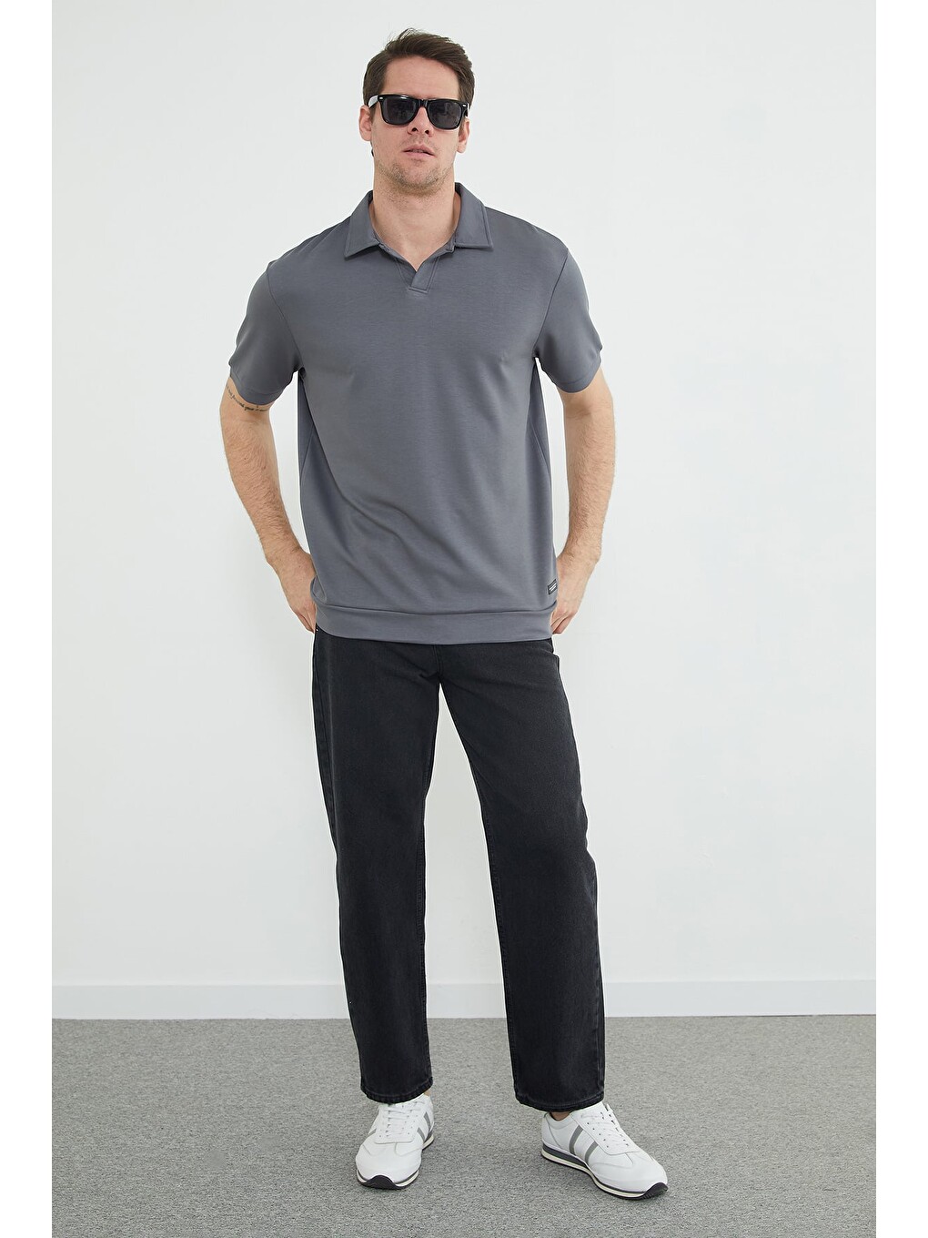 Gri Basic Polo Yaka Modal Tişört-3