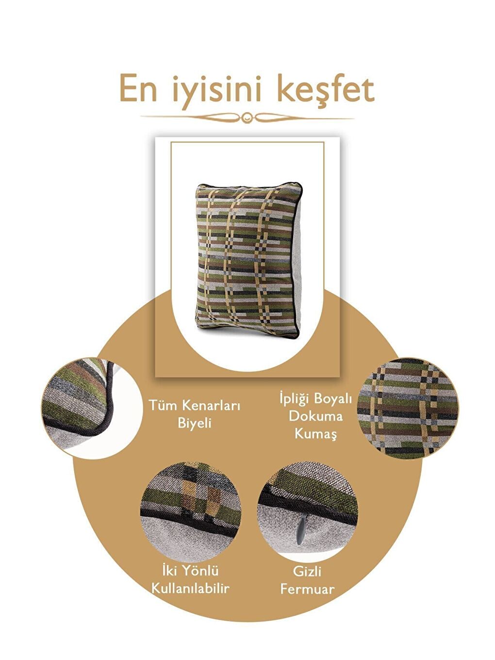 Yeşil Özel Tasarım 43x43 Dokuma Kırlent Kılıfı Biyeli Gizli Fermuarlı Dekoratif Salon-3