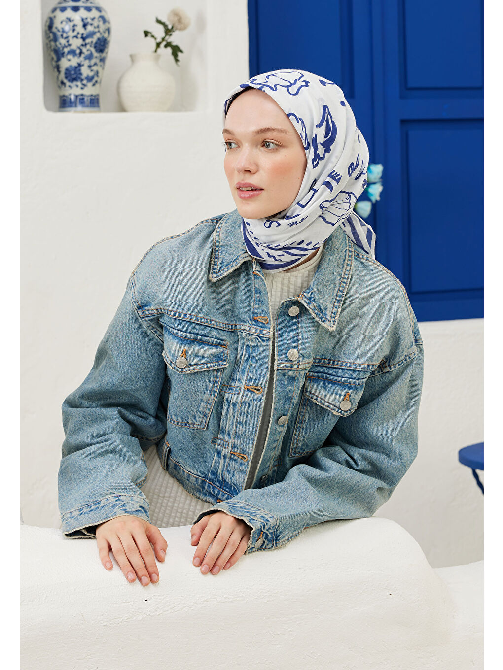 Summer Vibes Desen Pamuk Vual Eşarp Mavi-2